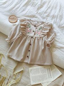 SHEIN Vintaside Kids 1pc Baby Girls' Casual Embroidered Dress, Spring/Autumn, Elegant Mori Style Fall Winter - Apricot - View 6