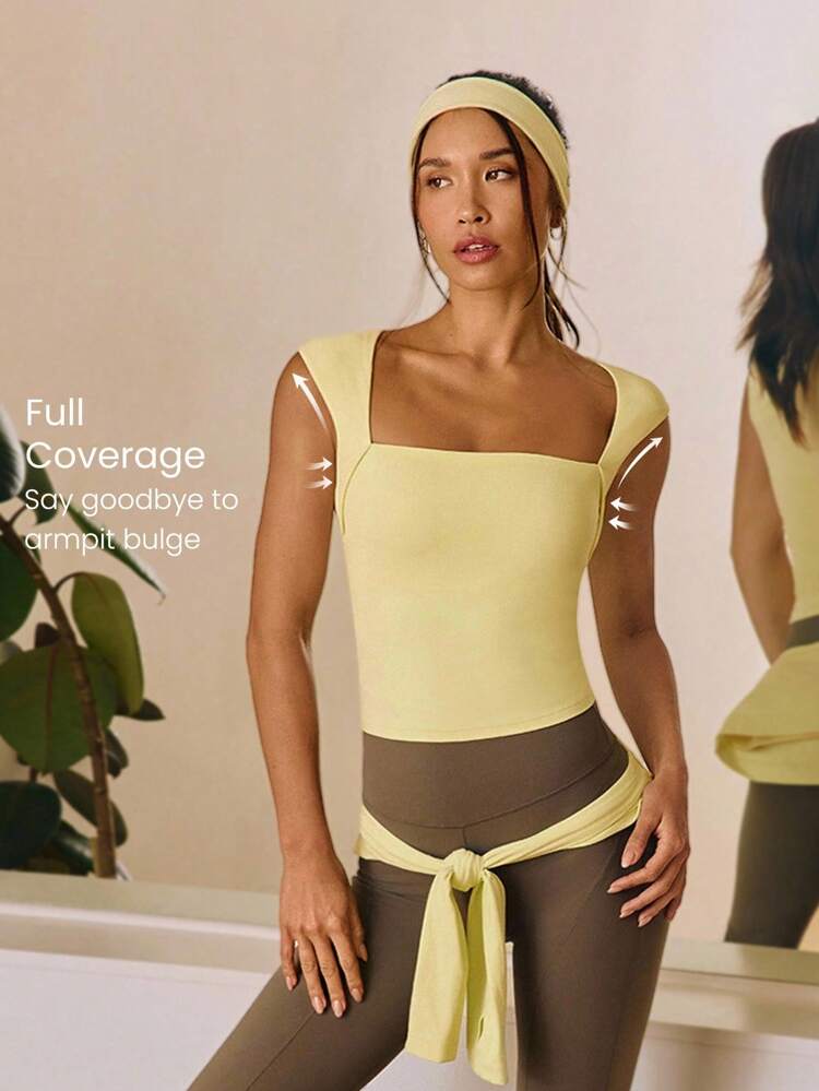 FeatherFit™ Canotta basic a collo quadrato, lunghezza anca, con spalline, per yoga e pilates, a basso impatto, con coppa rimovibile