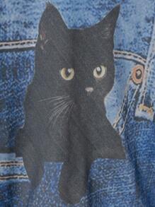 Manfinity Homme Men's Casual Fashionable Street Black Cat Denim Print Long Sleeve Pullover Sweater, Autumn/Winter - Blue - View 3
