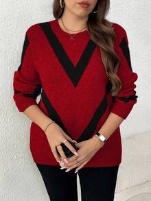 Elenzga Femmes grande taille, pull tricoté jacquard à col rond, manches longues, style décontracté et amincissant. Automne/Hiver - Rouge - Voir 5