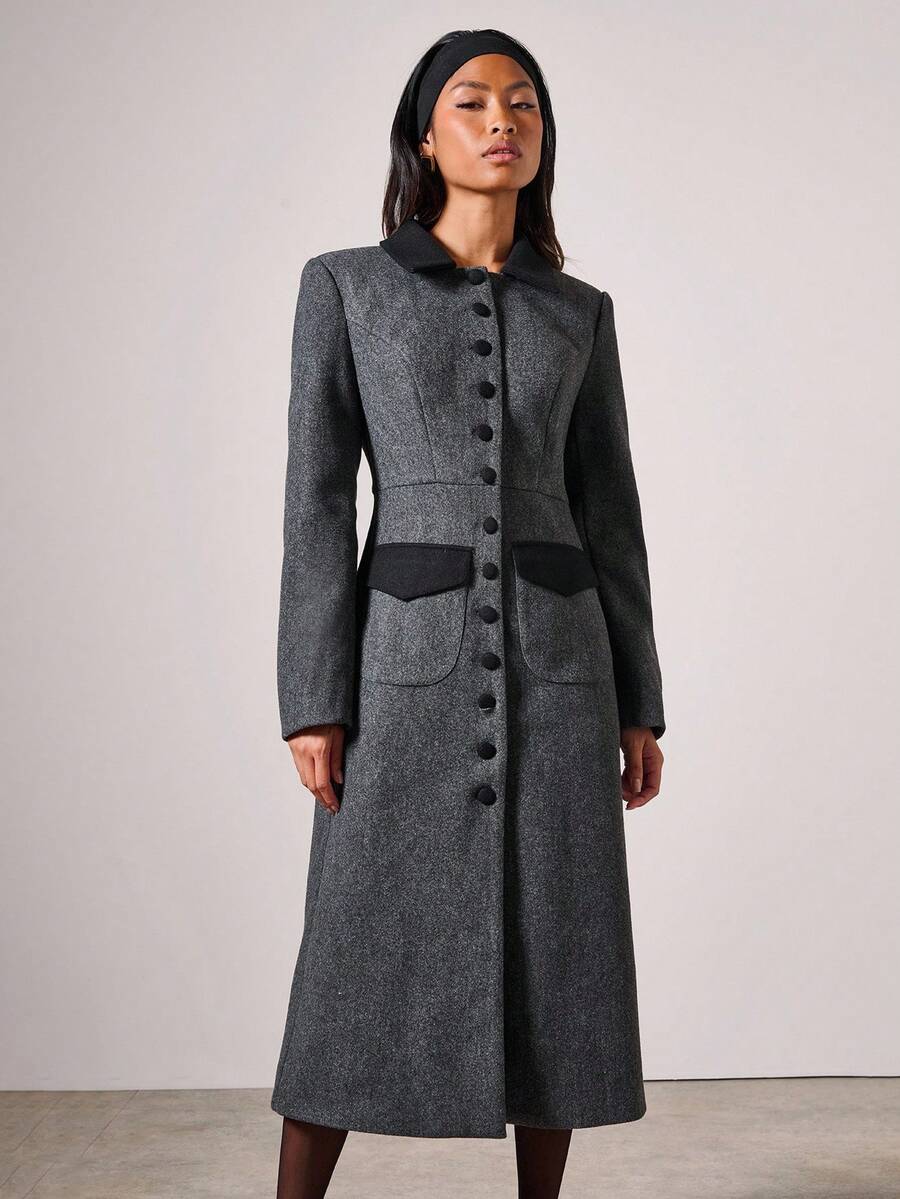 COSMINA Áo khoác dài thắt eo màu tương phản thanh lịch dành cho nữ, Thu/Đông - Xám - Xem 1