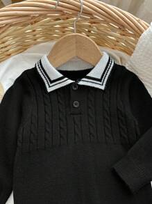 SHEIN 新生男婴/女婴翻领连体衣，粗针织纹理毛衣套装，适合秋冬季室内外穿着 - 黑色 - 查看 4