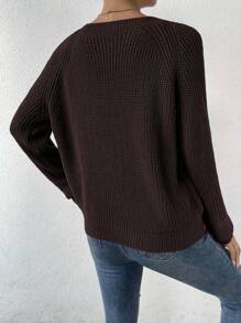 SHEIN LUNE Sweater Kasual Wanita Warna Polos Lengan Raglan untuk Musim Gugur dan Musim Dingin - Coffee Brown - View 2