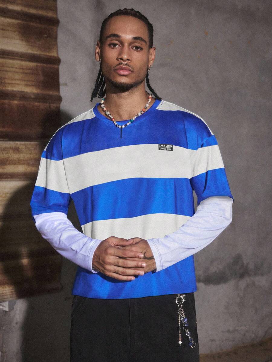 PAVTROS Manfinity Streetrush Men's Letter & Striped Print Crew Neck Long Sleeve Casual T-Shirt,Back To School,Fall - Multicolor - View 1