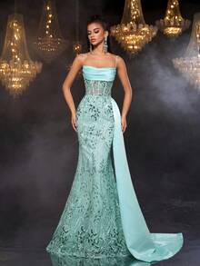 Glamrae Elegant Luxurious Beaded Embroidered Lace Sequin Floral Patchwork Satin Mermaid Skirt With Side Slit, Suitable For Wedding, Party, Prom, Vacation, Banquet (Heavy Embellishment) - Green - View 7