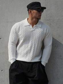DAZY Cream-White Solid Color Polo Collar Textured Knit Sweater For Men, Autumn