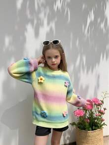 SHEIN Jersey de manga larga con cuello redondo, decoración de flores 3D y rayas de colores para niñas jóvenes - Multicolor - Ver 2