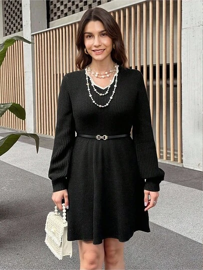 SHEIN LUNE New Years Dress Women Contrast-Color Wave V-Neck Sweater Dress