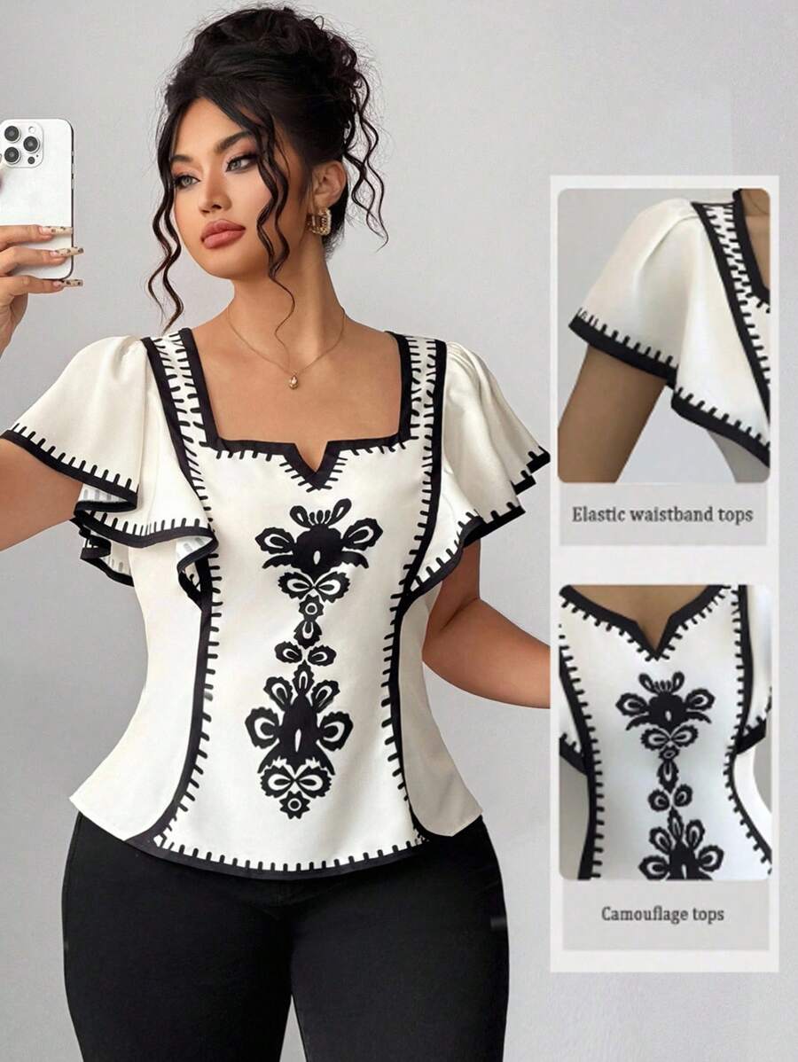 Elenzga Halloween Plus Size Women Floral Print Ruffle Hem Short Sleeve Fitted Blouse - Multicolor - View 1