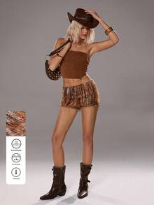 SHEIN Unity 1pc Women's Brown Halloween Party Autumn/Winter Mixed Color Fuzzy Elastic Knit Fabric Retro Soft Beaded Fitted Shorts, Casual & - Brown - View 5