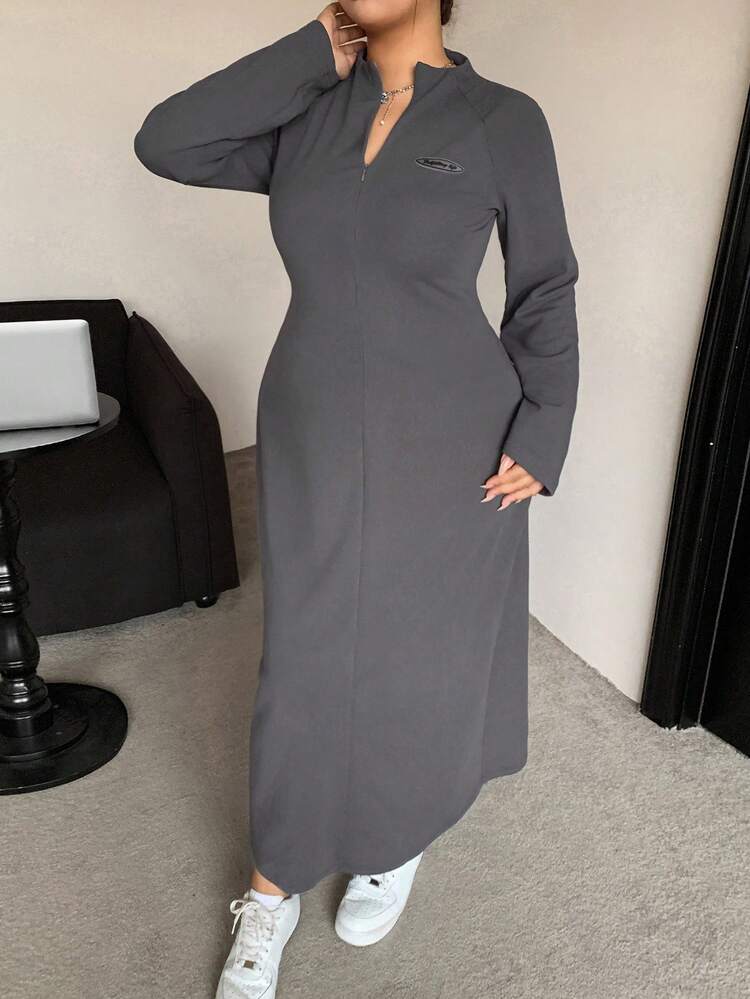 Dazy Plus Patchwork Letter Jacquard Half-Open Collar Zipper Solid Color Wrap Long Sleeve Maxi Dress For Plus Size Women, Street Style Fall,Winter