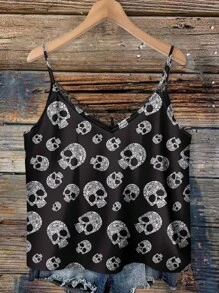 Mellowie 加大码万圣节休闲骷髅印花吊带背心，适合夏季度假、节日、万圣节装扮，性感，蕾丝边骷髅吊带背心，哥特风吊带背心 - 彩色 - 查看 2