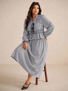 Elaquor 大码女式条纹荷叶边前系带灯笼袖衬衫和半裙两件套 - 黑與白 - 查看 7