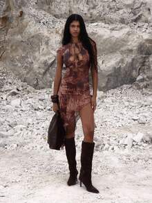 MUSERA Vestido midi con cuello alto, lazo delantero, volantes y estampado floral para ocasiones de noche, elegante, otoño, invierno, fiesta, primavera, verano, vacaciones - Multicolor - Ver 5