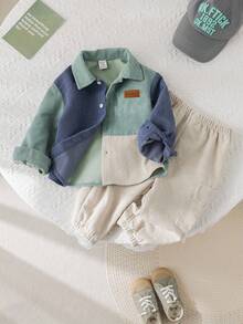 SHEIN 2pcs Baby Boy Corduroy Patchwork Jacket & Elastic Waist Pants Set, Autumn/Winter Fall - Multicolor - View 7