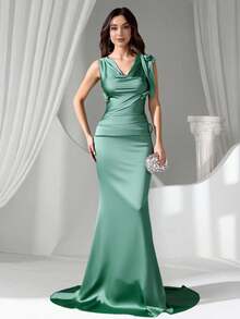 Coutiva 女式纯色低胸无袖花卉装饰修身优雅正式晚礼服（缀饰） - 綠色 - 查看 7