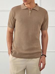 RueChic Men Textured Solid Half Zipper Regular Knitwear Polo - Beige - View 5