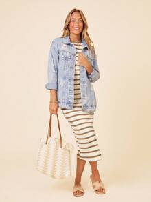 Coeurva Black & White Striped Slim-Fit Side Slit Midi Dress, Casual Summer Holiday/Office Wear - Khaki - View 3