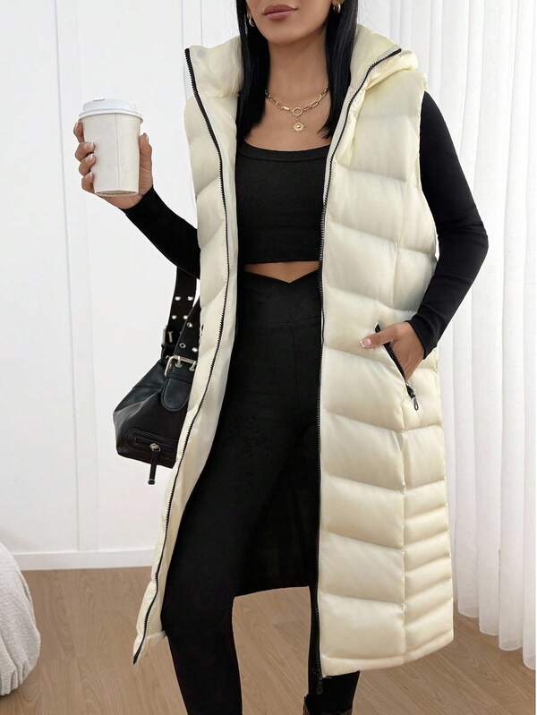 EURMUSE Women's Solid Color Zipper Front Pockets Hooded Sleeveless Winter Jacket