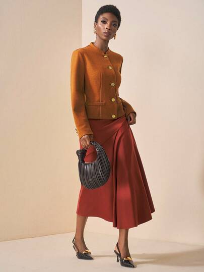 Zivah 20  Autumn/Winter New Elegant & Party & Date & Dignified & Evening & Outing Women Short Jacket, Solid Brown Color, Long Sleeve, Metal Buckle Decor, Woolen Fabric