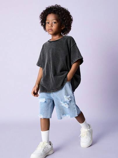 1 Piece Set Young Boys Boys Casual Sports Academy Japanese And Korean Loose Fit Water-Washed Soft Comfortable Round Neck T-Shirt Suitable For Kids Outfits Young Boy Clothes Back To School Boys Set Suitable For Birthday Parties, Parties, Performances, Weddings, Baptisms, Back To School Daily Suitable For School Suitable For Travel Suitable For Sports Suitable For Spring And Summer