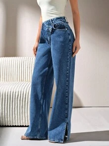 CLARA VERO 高腰开衩直筒牛仔裤 - 深色水洗藍 - 查看 4