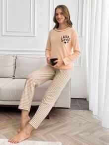 RueChic 100% Cotton 2pcs  Slogan Printed Lounge Set - Baby Pink - View 6