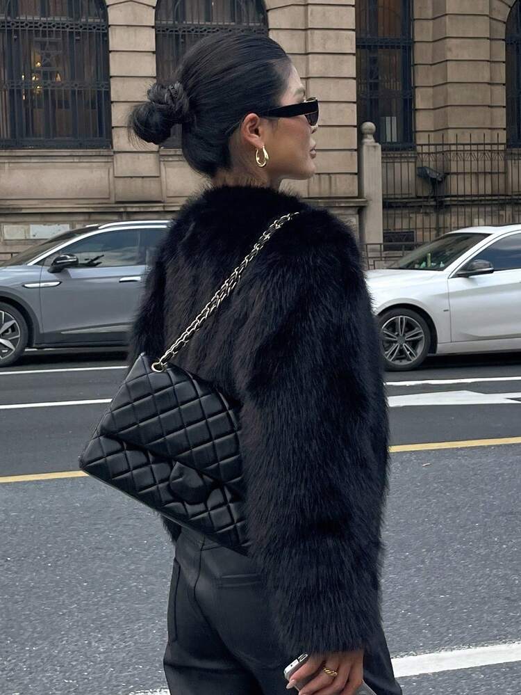 V-Neck Slimming High-End Faux Fur Jacket For Women Fall/Winter Women Coats