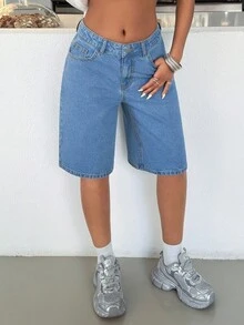 EURMUSE 女士低腰宽松牛仔短裤休闲街头风格 - 中等水洗藍 - 查看 4
