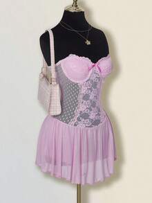 SHEIN ICON 女式性感蕾丝拼布蝴蝶结装饰迷你连衣裙 - 淺粉色 - 查看 3