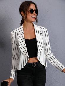 SHEIN Clasi Striped Shawl Collar Open Front Blazer In Fall/Winter - White - View 4