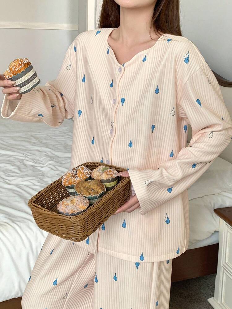 Women's Printed Single-Breasted Long Sleeve Top And Pants Pajama Set, Fall Clothes