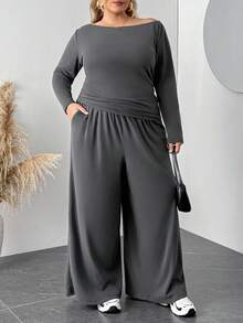 SHEIN CURVE+ 2 Stück/Set Damen Große Größen Grau Langarm T-Shirt und Hose Strick Slim Fit Anzug/Herbst/Winter - Dunkelgrau - Übersicht 8
