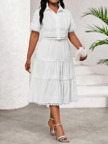SHEIN Lady Conjunto de blusa y falda elegante para fiesta, boda, cóctel, Navidad con cuello de camisa y mangas con contraste de encaje, talla grande - Blanco - Ver 4