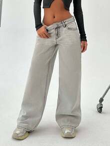 EURMUSE JEANS DE PIERNA ANCHA Y CINTURA BAJA PARA MUJER - Gris Claro - Ver 3