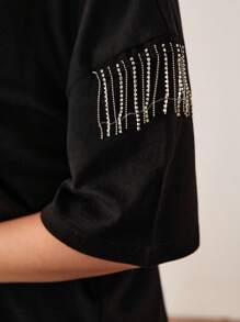 SHEIN Cottnline Cămașă supradimensionată cu detalii pe umeri cu strasuri pentru femei - Negru - Vizualizare 5