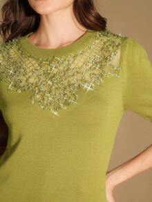 Anewsta Nuova Maglietta a Maniche Corte Ricamata, Design Elegante in Seta Lavorata a Maglia con Inserti in Pizzo, Maglione Elegante e Raffinato da Donna di Alta Gamma