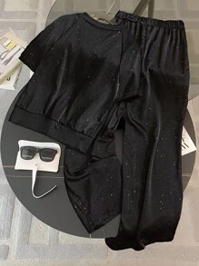 GlowEve 2pcs Women Commuting Minimalist Shiny Raglan Short Sleeve Top And Pants Set - Black - View 2