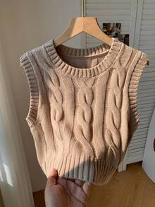 Comfortcana 大码复古时尚纯色圆领休闲简约针织背心，秋季叠穿单品 - 卡其色 - 查看 1