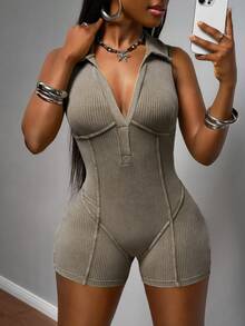 Slaydiva Women's Casual Sleeveless Bodycon Romper, Summer Bodycon Jumpsuit Ribbed Jumpsuit Sleeveless Jumpsuit - Khaki - View 9