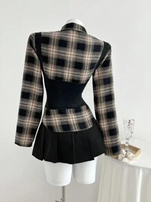 Elamini Women's Autumn/Winter Fashion Plaid Patchwork Contrast Color Waist Shirt Collar Long Sleeve Blouse Fall Cloth For Women - Multicolor - View 2