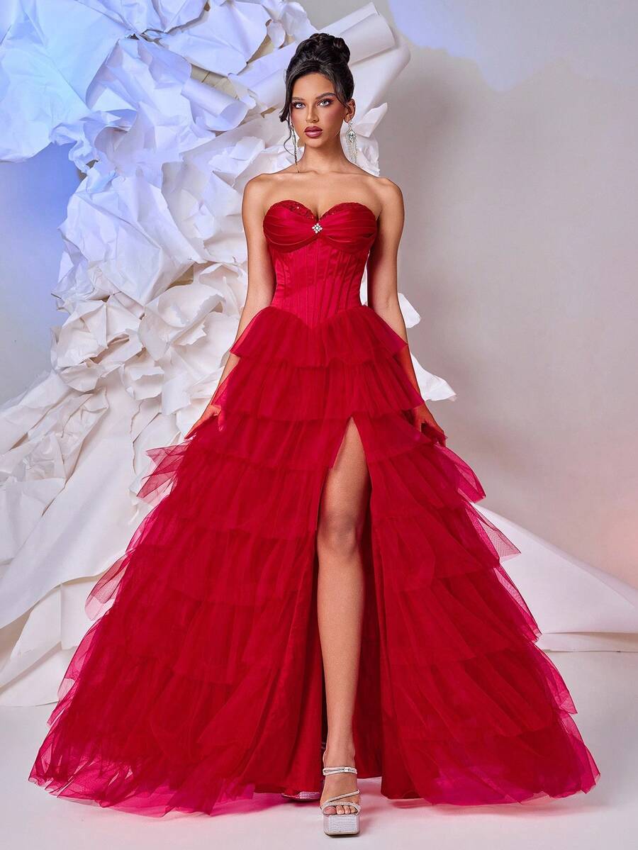 Glamrae Elegant Red Satin & Net Mesh Lace Sweetheart Neckline Rhinestone & Fishbone Boned Belted A-Line Asymmetrical Hem High Slit Backless Adjustable Tie Dress, Suitable For Birthday, Prom, Wedding, Graduation, Formal Occasion