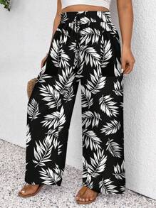 SHEIN Frenchy Plusstorlek Dam Musikfestival Semesterstil Tonad Semester Tropiskt Växtmönster Sommar Hög Midja Knyt Lösa Casualbyxor - Svart och Vitt - Visa 7