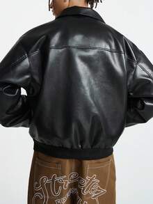 AXEPEAK Plus Size Men's Long Sleeve Casual Fashion Street Hooded PU Leather Jacket With Letter & Star Embroidery, Loose Fit Zip-Up, Autumn, For Fall Winter