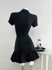 SHEIN Unity 女式休闲修身腰绣花连衣裙 - 黑色 - 查看 2