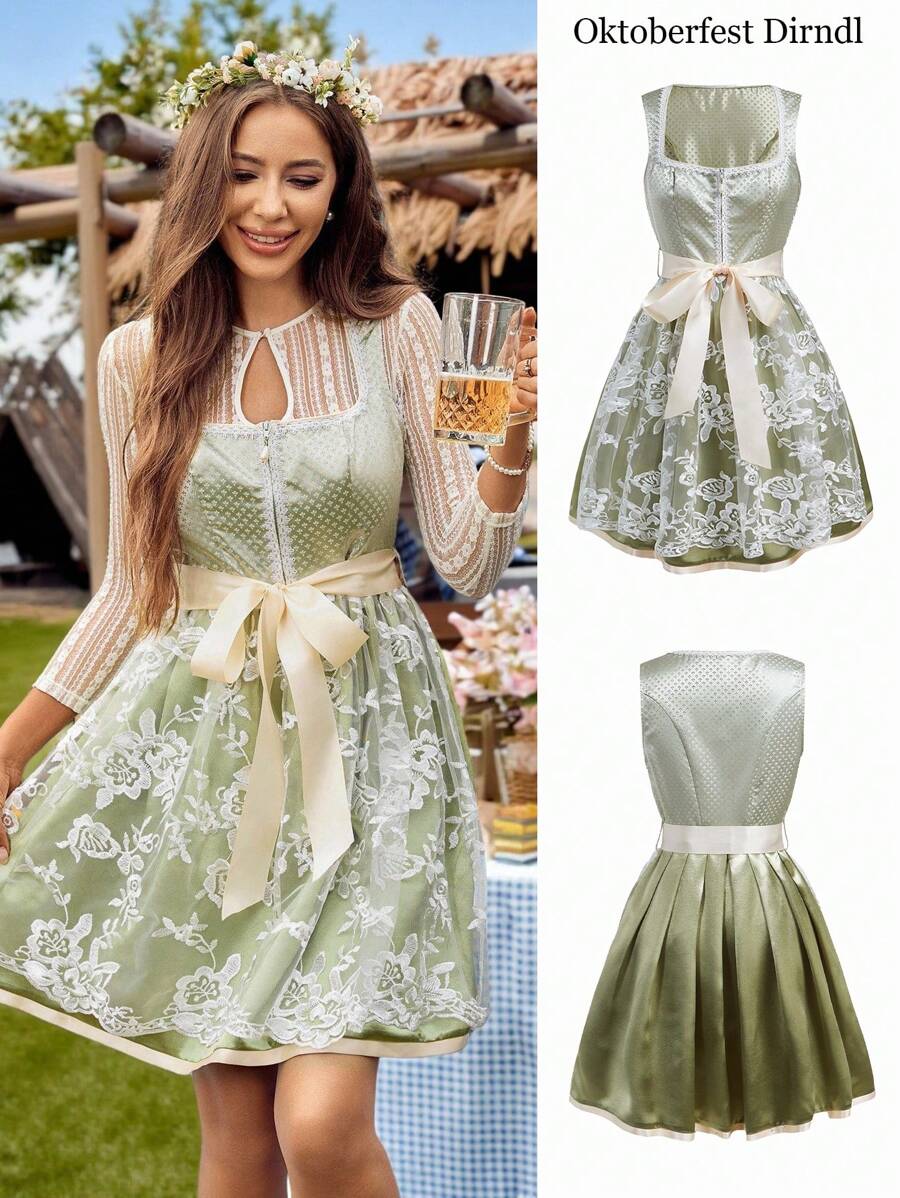 SHEIN Frenchy 2025新款慕尼黑啤酒节连衣裙巴伐利亚啤酒节传统服装绿色连衣裙女式蕾丝连衣裙，撞色蕾丝缎面短袖连衣裙配腰带，慕尼黑啤酒节连衣裙，慕尼黑啤酒节 Tracht，慕尼黑啤酒节，啤酒节，威斯恩，慕尼黑啤酒节连衣裙 - 綠色 - 查看 1