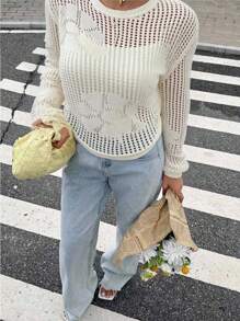 SHEIN Frenchy 女士宽松镂空圆领长袖休闲毛衣 - 杏色 - 查看 4