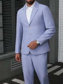 Manfinity Mode Bộ vest nam màu trơn cổ ve dài tay cài nút đơn và quần âu thường ngày màu xanh nhạt, phong cách Old Money - Màu xanh lam - Xem 4