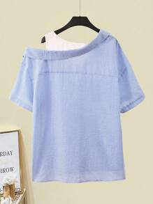 SHEIN Franclia 大码条纹拼布口袋二合一衬衫 - 藍色 - 查看 2