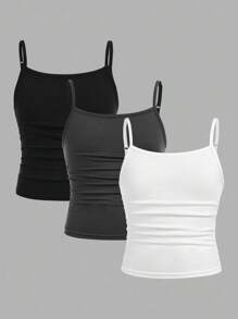 Girlism 短款半透明涤纶吊带背心，常规下摆，纯色设计，适合青少年女孩。女童吊带背心，女童背心三件装，女童紧身背心，黑白上衣，适合青少年女孩。 - 彩色 - 查看 11